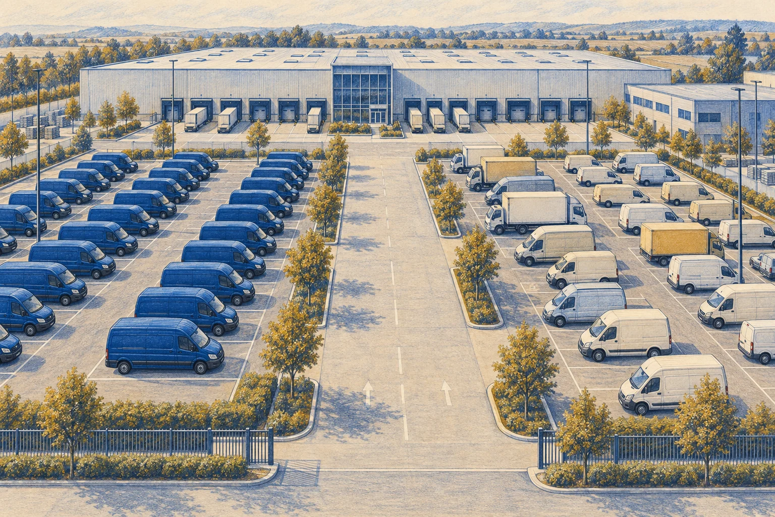 Jednolita flota samochodów i zróżnicowane pojazdy przewoźników na placu centrum dystrybucji